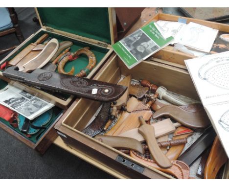 Two cases of treen knitting sticks including vintage and modern various and a selection of ledgers and booklets of interest