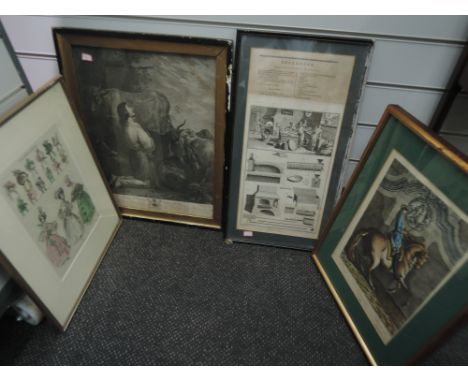 A selection of 18th century and 19th century prints and engravings including The Prodigal Son, 17in x 14in and Bowlanger and 