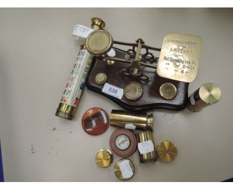 A vintage set of brass postal scales, an early 20th century brass telescope of Russian, Stackleton W interest, a selection of