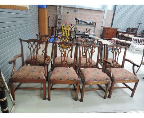 A set of eight (6+2) 20th century mahogany dining chairs in the Chippendale style having russet pattern seats and square legs