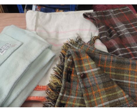 Two interesting vintage wool travel rugs with button fastening and two wool blankets. Some wear.