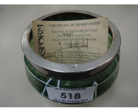 A vintage glass dish of green Ditchfield glassform design and plated rim with signed certificate numbered 10371