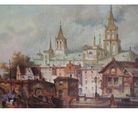 An oil painting on board, R Scalvini, Continental riverside cathedral city, 11in x 15in