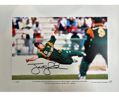 jonty Rhodes signed limited edition print with signing photo. The Jonty Rhodes legend may have begun with the diving run-out 