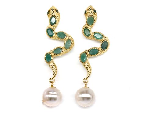 A pair of gold on 925 silver snake shaped drop earrings set with pearls, oval cut emeralds and ruby set eyes, L. 5.6cm.