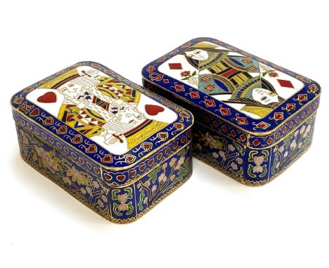 A pair of Chinese cloisonne enamel playing card boxes, decorated with the King of Hearts and Queen of Diamonds, each 11x7.5x5