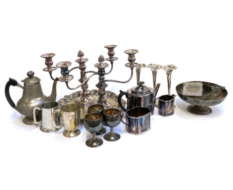 Pair of three armed silver plated candlesticks, three plated spill vases, William Hutton and Sons three piece plated tea set,