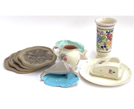 Lot of Poole Pottery, to include four songbird plaques, butter dish, jug, vase, etc