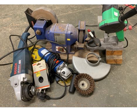 A Bosch GWS 20-230H angle grinder, together with a  Agojama 8E425 bench grinder, Florabest FSG 85 B1 chain sharpener and Drap