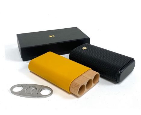 A Cohiba yellow leather cigar case, for three cigars, new in box; with stainless steel cigar cutter