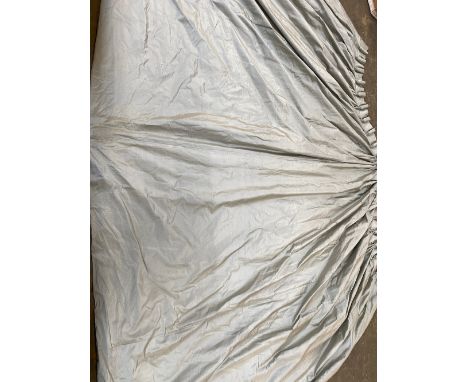 Two silk blue curtains, lined and interlined curtain, some fading, one 440cm wide (ungathered), 240cm drop, the other 476cm w
