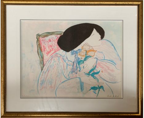 Linda Le Kniff (French, b. 1949), woman with flower, lithograph, signed and numbered 137/200, 47.5x62cm