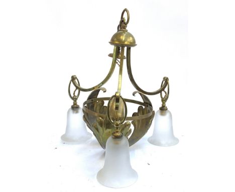 Brass three fitting chandelier with three frosted glass shades, approx 45cmW