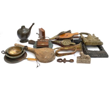 Mixed lot to include four small bellows, a bugle, a bronze vessel, various copper dishes