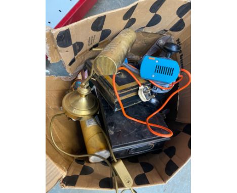 A Black and Decker DN66 plunge action router, together with a quantity of vintage tools, bankers lamp, metal containers, etc