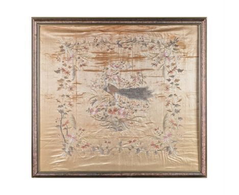 A Chinese silk embroidery, in a large stipple gilded frame, first half 20th century, the frame 144x135cm