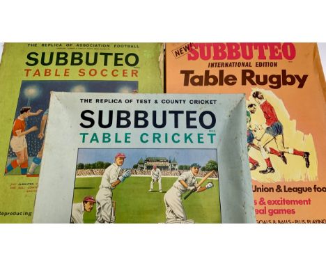 Three boxed Subbuteo sets: Table cricket club edition, rugby, and 'soccer' 'continental edition'