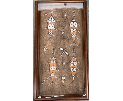 Tapa/bark cloth painted with fish pattern, framed and glazed, approx 114x54cm