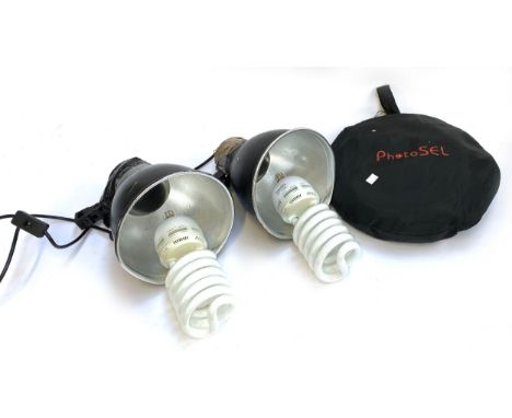 Pair of black aluminium photography lights with a pair of 5400k 85W bulbs (untested), PhotoSEL diffuser, and various other ph