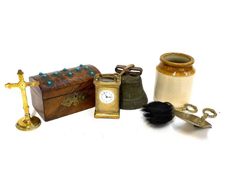 Victorian walnut tea caddy, together with a brass bell, and various other miscellaneous items, to include a French carriage c