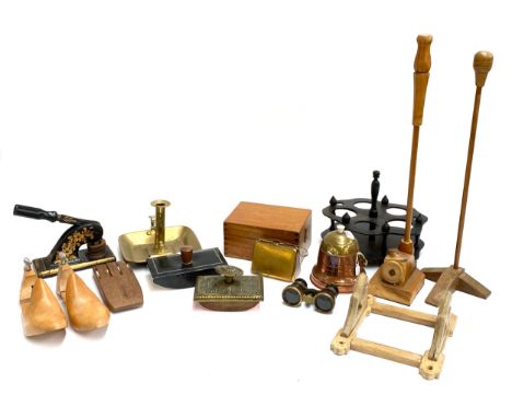 A mixed lot to include, brass ejector, candlestick, several blotters, opera glasses, embosser, etc