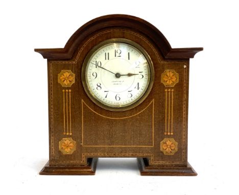 Edwardian inlaid mahogany mantle clock, signed Goldsmiths Co Newcastle, 21.5cmH