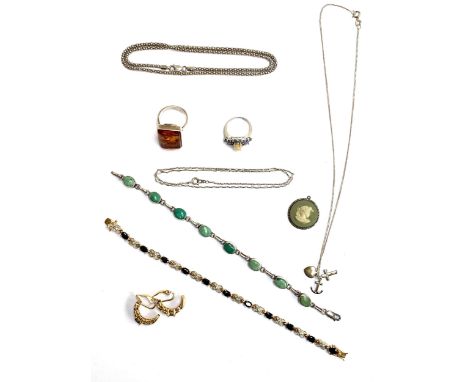 A small quantity of silver jewellery to include a turquoise bracelet; jasperware pendant; welo opal ring etc; together with a