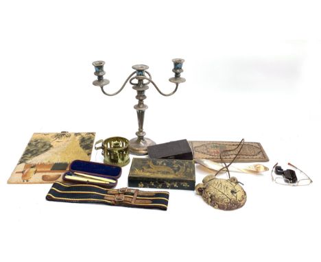 Mixed lot to include three arm plated candlestick; a cased pair of cutthroat razors; folding glasses etc