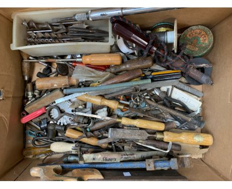A box of vintage hand tools, to include various Marples chisels etc
