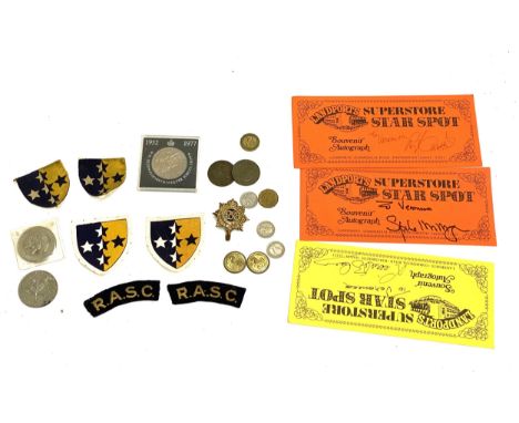 Royal Army Service Corps R.A.S.C patches and badge; together with a small quantity of coins and tokens to include Southees Pr