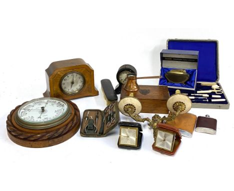Mixed lot to include, aneroid barometer, clothes brush, vanity set, small oak box, two hip flasks, gilt metal two arm wall sc