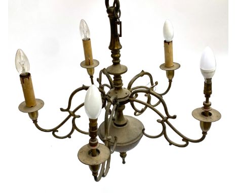 A five arm brass chandelier, approx 56cmW