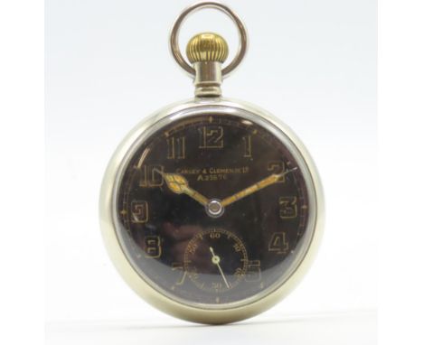 A Certina Kurth top wind military pocket watch retailed by Carley & Clemence Ltd. Numbered A23676 to dial & rear of case with