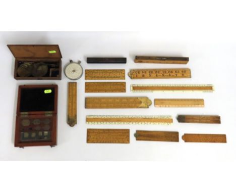 A selection of mostly antique boxwood rules & extending rules including Rabone, Armstrong, Reynolds & Co. Stanley & W. Harris