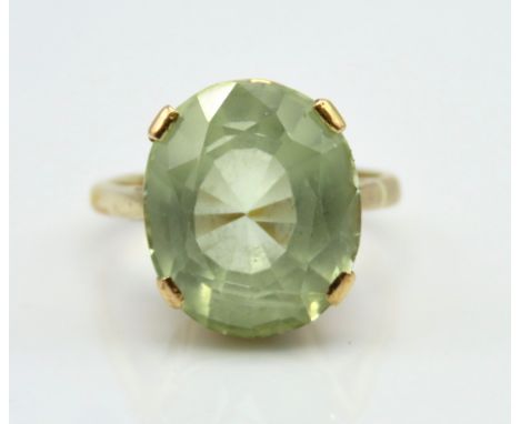 An antique 9ct gold ring with natural green aquamarine, stone measures 14.25mm x 12mm, 4.3g, size K