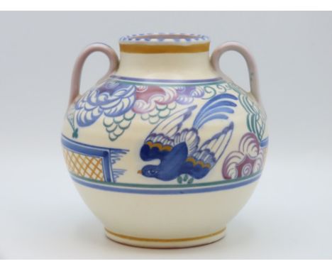 A Poole Pottery Truda Adams 'Bluebird' two handled urn, small, very faint old hairline to glaze, 170mm tall