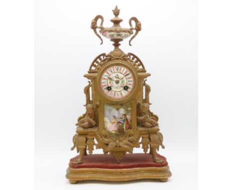 A mounted 19thC. French Louis XIV style mantle clock with Sevres style porcelain panels, decorated with cherubs & birds, 410m