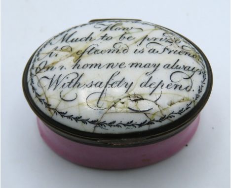 A George III enamel patch box, damage to top & internal mirror, motto reads "How much to be prized as a friend, Ours a home w