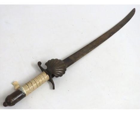 An antique short hunting sword, possibly German, tape later added to handle, loss to part of guard, 737mm long