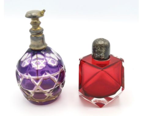 A Victorian faceted ruby glass scent bottle with Birmingham silver top by David & Lionel Spiers, 1885 twinned with an atomise