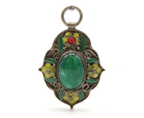 A Chinese white metal & enamel pendant set with jade style centre stone, four character mark to rear, 68mm drop x 43mm wide, 