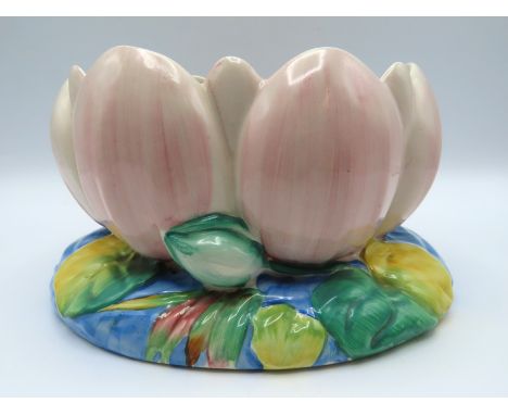 A pink Clarice Cliff pottery no. 973 lily pad, no chips or restoration, very small loss of paint to one base leaf, 226mm wide