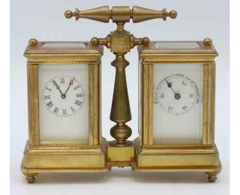 A brass carriage clock & barometer set, 115mm tall