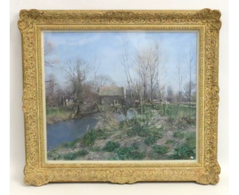 Christopher Sanders (1905-1991), an attractively framed painting of the River Test, Hampshire with building in background tha