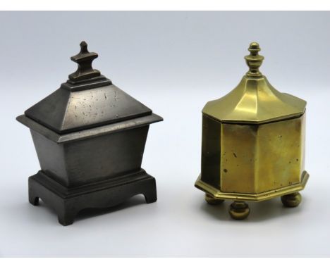 A George III lead sarcophagus shaped tobacco box with bronze finial twinned with a similar Georgian bell metal tobacco box, t