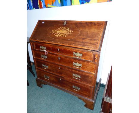 A GEORGIAN MAHOGANY INLAID SLANT TOP BUREAU FITTED INTERIOR ABOVE LONG DRAWERS ON BRACKET FEET.    H.102cms.   W.92cms.
