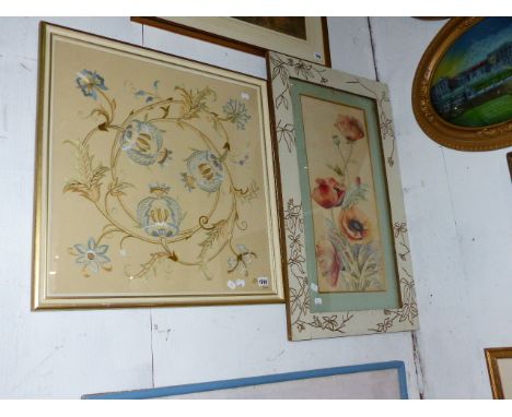 A FRAMED NEEDLEWORK PANEL OF SCROLLING FLOWERS TOGETHER WITH A WATERCOLOUR OF POPPIES.   LARGEST 84 x 52cms.  (2)