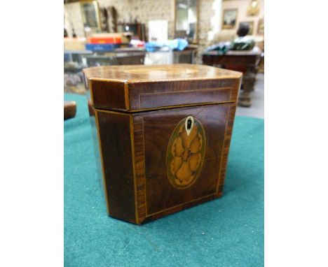 A GEO.III. MAHOGANY INLAID TEA CADDY, THE HINGED LID WITH FLORAL OVAL WITHIN ROSEWOOD CROSSBANDING.   H.12cms.