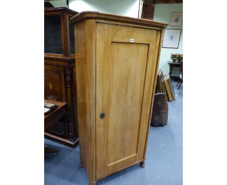 A CONTINENTAL WALNUT HALL CABINET WITH SINGLE PANEL DOOR ENCLOSING SHELVES.   78 x 42 x H.159cms.