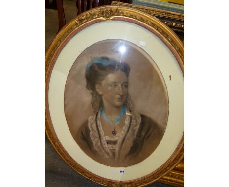 19th.C. ENGLISH SCHOOL. AN OVAL PORTRAIT OF A LADY IN PASTELS WITH INDISTINCT SIGNATURE AND DATE. 55 x 52cms.